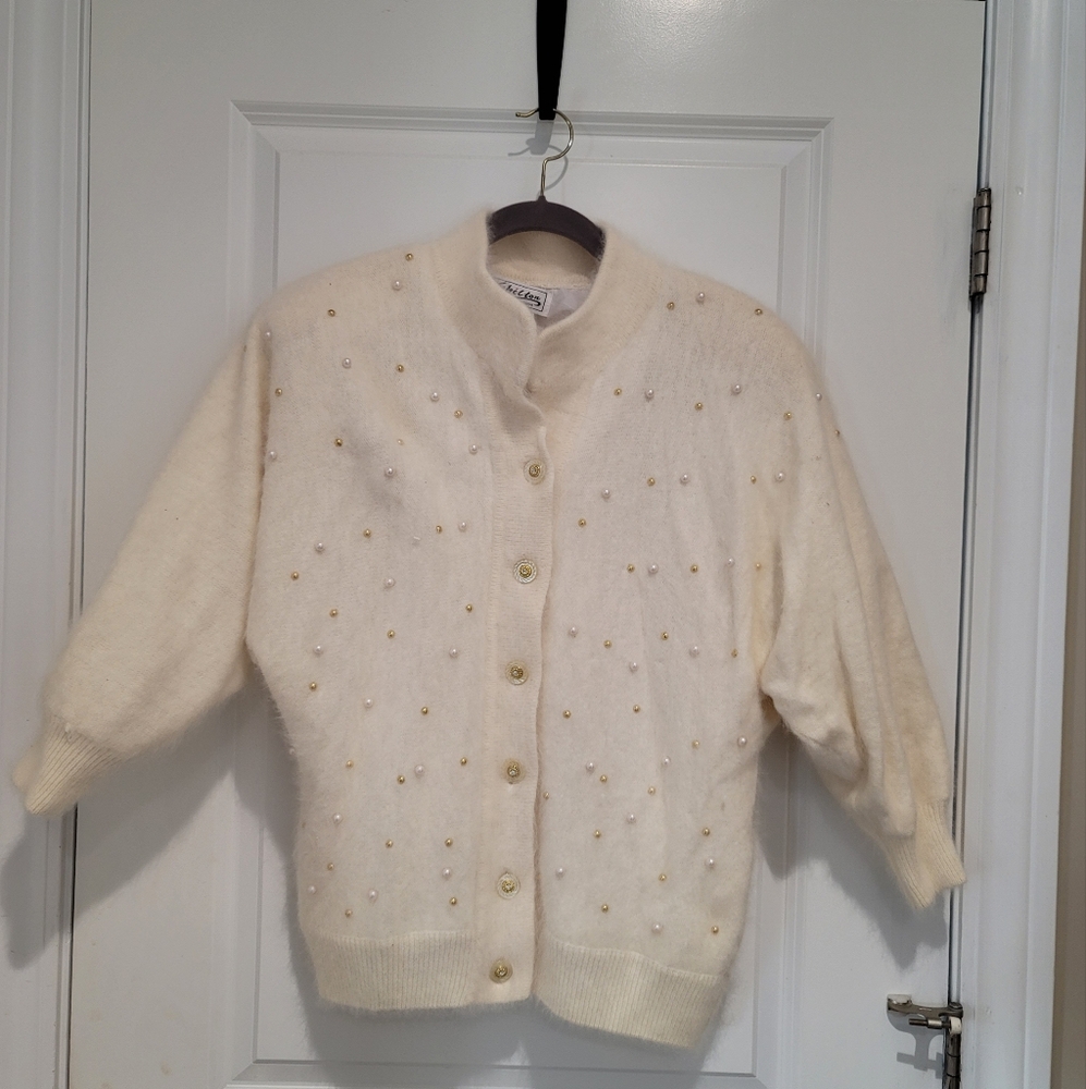 Vintage Luxurious 80% Angora Faux white and gold pearls crystal Buttons Jacket S